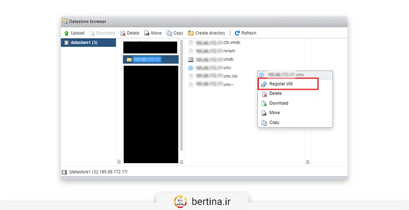 حالا وارد محیط ESXi خود شوید و با ورود به دیتاستوری که ماشین در آن قرار دارد و ورود به پوشه ماشین مجازی، روی فایل .vmx کلیک راست کنید و Register VM را انتخاب کنید