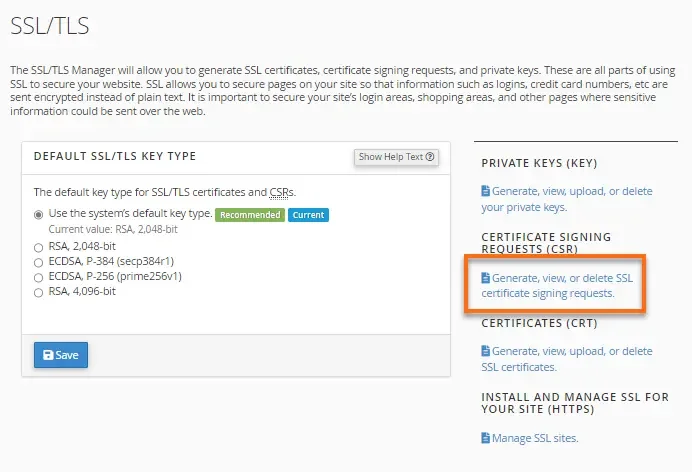 گزینههای SSL/TLS در cPanel